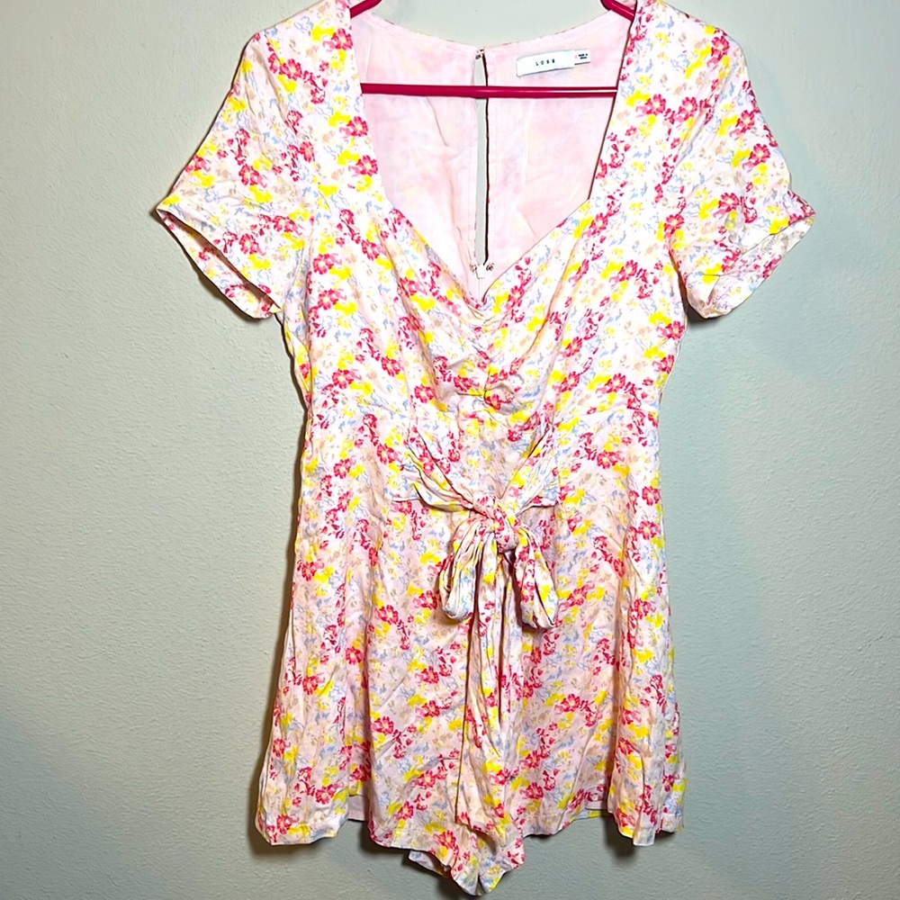 Lush Pink Floral Tie Front Romper Small